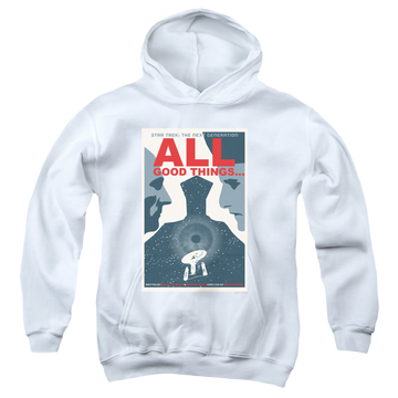 White youth hoodie for ages 8 to 12 with Star Trek The Next Generation Tng Season 7 Episode 25 graphic