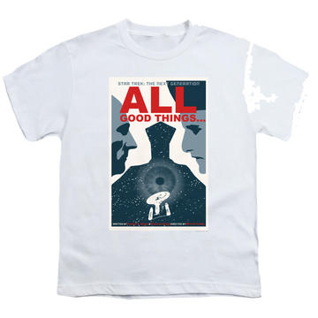 White youth t-shirt for ages 8 to 12 with Star Trek The Next Generation Tng Season 7 Episode 25 graphic