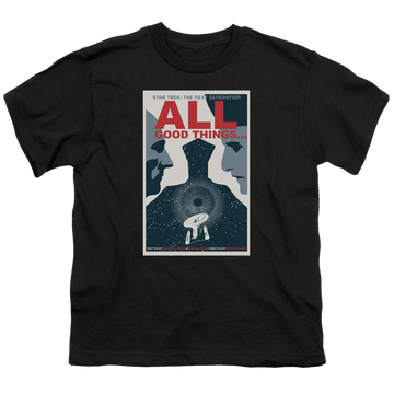 Black youth t-shirt for ages 8 to 12 with Star Trek The Next Generation Tng Season 7 Episode 25 graphic