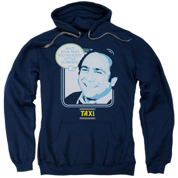 Navy pullover hoodie with Taxi Shut Your Trap graphic