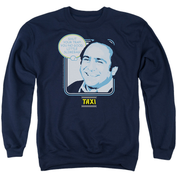 Navy men's crewneck sweatshirt with Taxi Shut Your Trap graphic