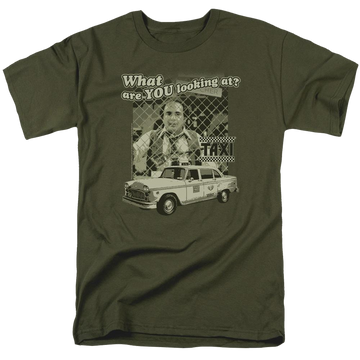 Military green men's regular fit t-shirt with Taxi Whats A Matta graphic