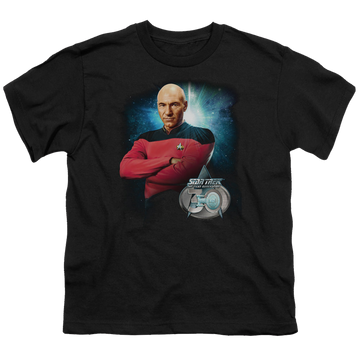 Black youth t-shirt for ages 8 to 12 with Star Trek The Next Generation Picard 30 graphic