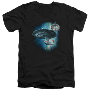 Black men's v-neck t-shirt with Star Trek Ship 30 graphic