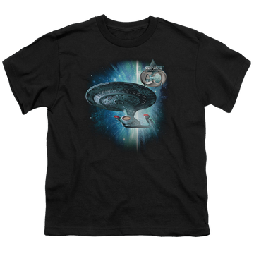 Black youth t-shirt for ages 8 to 12 with Star Trek The Next Generation Ship 30 graphic