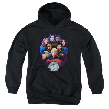 Black youth hoodie for ages 8 to 12 with Star Trek The Next Generation Crew 30 graphic
