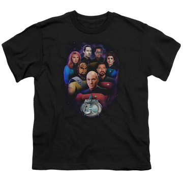 Black youth t-shirt for ages 8 to 12 with Star Trek The Next Generation Crew 30 graphic