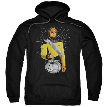 Black pullover hoodie with Star Trek Worf 30 graphic