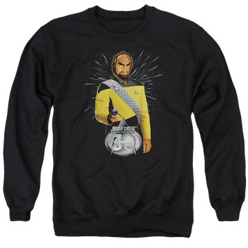 Black men's crewneck sweatshirt with Star Trek Worf 30 graphic