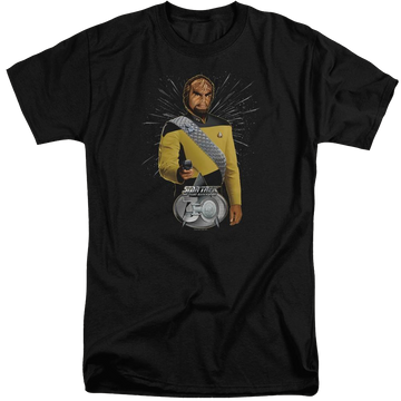 Black men's tall fit t-shirt with Star Trek Worf 30 graphic