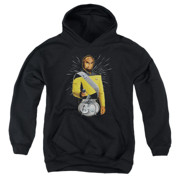 Black youth hoodie for ages 8 to 12 with Star Trek The Next Generation Worf 30 graphic