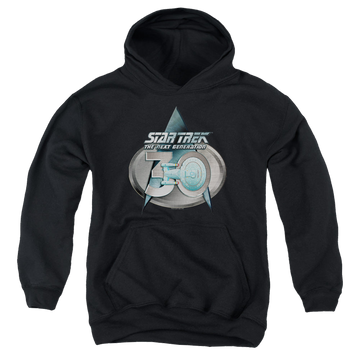 Black youth hoodie for ages 8 to 12 with Star Trek The Next Generation Tng 30 Logo graphic