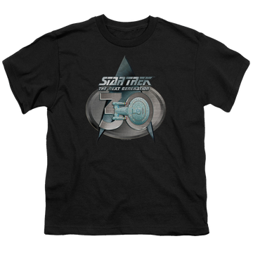 Black youth t-shirt for ages 8 to 12 with Star Trek The Next Generation Tng 30 Logo graphic