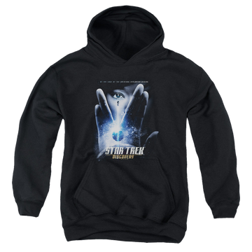 Black youth hoodie for ages 8 to 12 with Star Trek Discovery Begins graphic