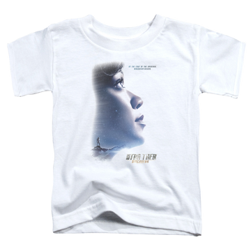 White toddler t-shirt with Star Trek Discovery Begins graphic