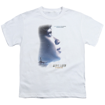 White youth t-shirt for ages 8 to 12 with Star Trek Discovery Begins graphic