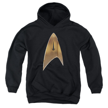 Black youth hoodie for ages 8 to 12 with Star Trek Discovery Command Shield graphic