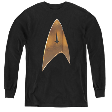 Black youth long sleeve t-shirt with Star Trek Discovery Command Shield graphic