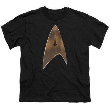 Black youth t-shirt for ages 8 to 12 with Star Trek Discovery Command Shield graphic