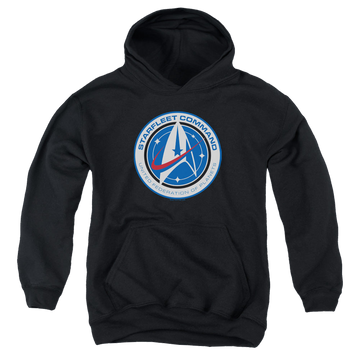 Black youth hoodie for ages 8 to 12 with Star Trek Discovery Starfleet Command graphic