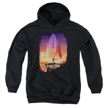 Black youth hoodie for ages 8 to 12 with Star Trek Discovery The Explorer graphic