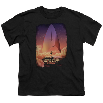 Black youth t-shirt for ages 8 to 12 with Star Trek Discovery The Explorer graphic