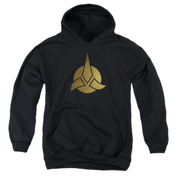 Black youth hoodie for ages 8 to 12 with Star Trek Discovery Triquentra graphic