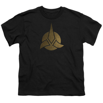 Black youth t-shirt for ages 8 to 12 with Star Trek Discovery Triquentra graphic
