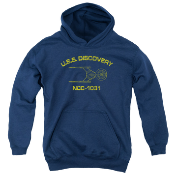 Navy youth hoodie for ages 8 to 12 with Star Trek Discovery Athletic graphic