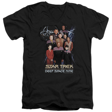 Black men's v-neck t-shirt with Star Trek Deep Space Nine Ds9 Crew graphic
