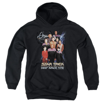 Black youth hoodie for ages 8 to 12 with Star Trek Deep Space Nine Ds9 Crew graphic