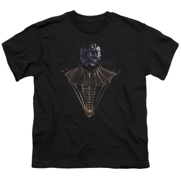 Black youth t-shirt for ages 8 to 12 with Star Trek Discovery Tkuvma graphic