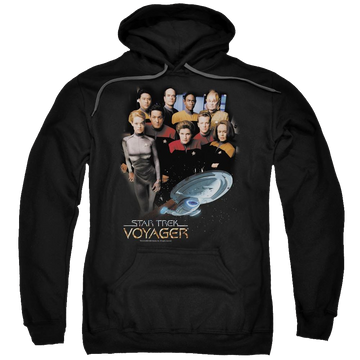 Black pullover hoodie with Star Trek Voyager Crew graphic