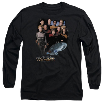 Black men's long sleeve t-shirt with Star Trek Voyager Crew graphic