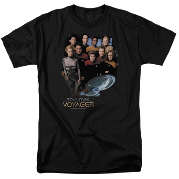 Black men's regular fit t-shirt with Star Trek Voyager Crew graphic