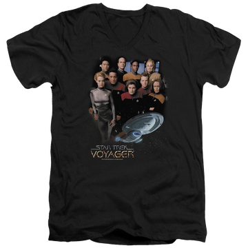 Black men's v-neck t-shirt with Star Trek Voyager Crew graphic