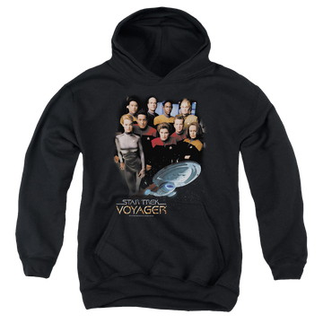 Black youth hoodie for ages 8 to 12 with Star Trek Voyager Crew graphic