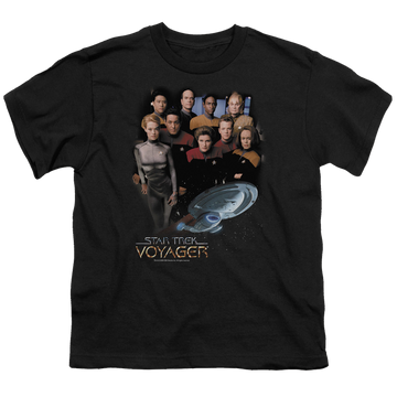 Black youth t-shirt for ages 8 to 12 with Star Trek Voyager Crew graphic