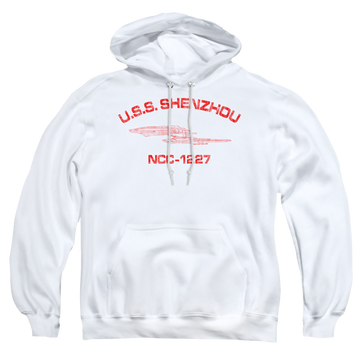 White pullover hoodie with Star Trek Shenzhou Athletic graphic