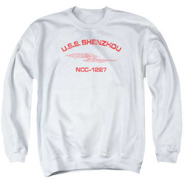 White men's crewneck sweatshirt with Star Trek Shenzhou Athletic graphic