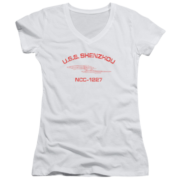 White juniors v-neck t-shirt with Star Trek Shenzhou Athletic graphic