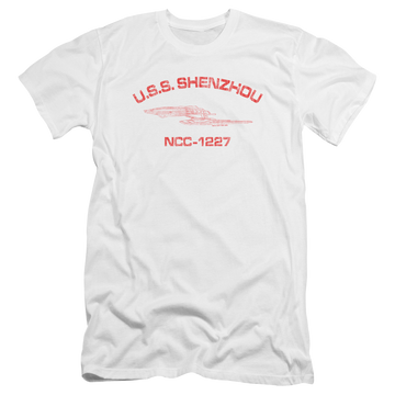 White men's premium slim fit t-shirt with Star Trek Shenzhou Athletic graphic