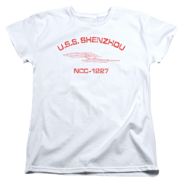 White women's t-shirt with Star Trek Shenzhou Athletic graphic