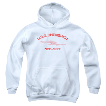 White youth hoodie for ages 8 to 12 with Star Trek Discovery Shenzhou Athletic graphic