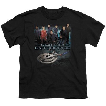 Black youth t-shirt for ages 8 to 12 with Star Trek Enterprise Crew graphic