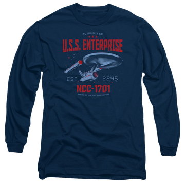 Navy men's long sleeve t-shirt with Star Trek Stardate 2245 graphic