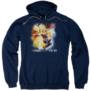 Navy pullover hoodie with Macgyver graphic