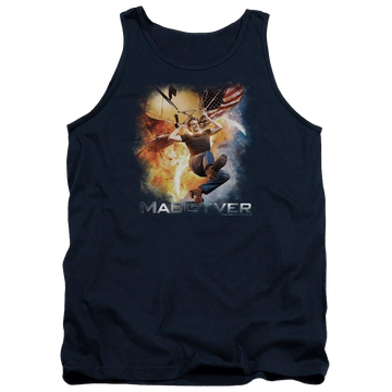 Navy men's tank with Macgyver graphic