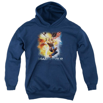 Navy youth hoodie for ages 8 to 12 with Macgyver graphic