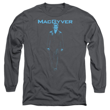 Charcoal men's long sleeve t-shirt with Macgyver graphic